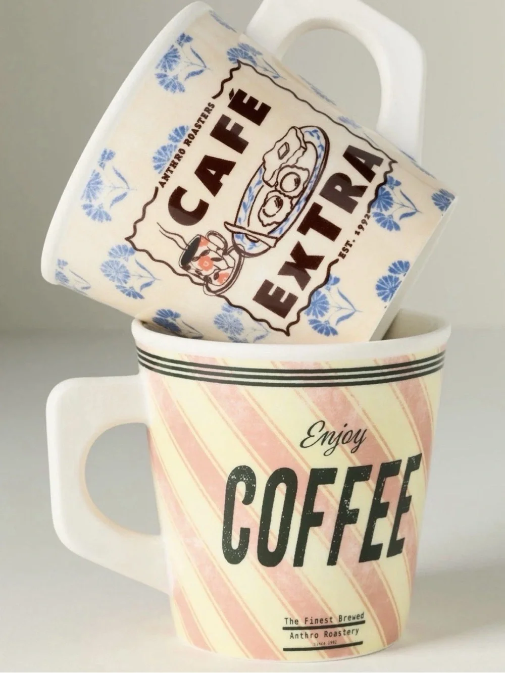 Anthropologie Glacé Stoneware Coffee Mug | Blue Stripes| Diner | Retro